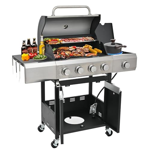 Evedy Parrilla de gas de 4 quemadores, parrilla de gas de acero inoxidable, parrilla de propano, 51,000 BTU con quemador lateral y cubierta para barbacoa al aire libre, camping, patio trasero, patio