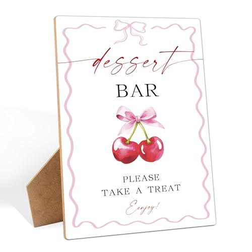 She's The Cherry On Top Dessert Bar Sign, 5.6x 7.8 Inch Dessert Table Wooden Sign with Stand, Pink Bow Cherry on Top Baby Shower Decorations for Birthday Bridal Shower Bachelorette Party Supplies
