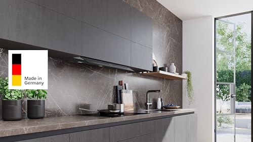 Siemens LJ97BDP60 iQ500, Integrierte Designhaube, 90 cm, Made in Germany, Nahtlose Integration, iQdrive Motor, Intelligente Dunstabzugsautomatik, Glasschirm, Klarglas schwarz bedruckt, Mattschwarz