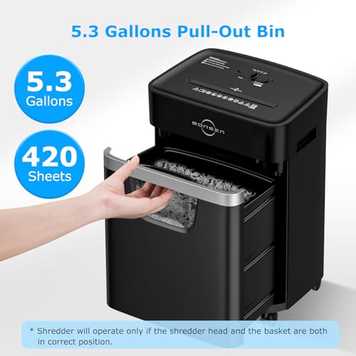BONSEN 12 Sheet Cross-Cut Paper Shredder for Home Office, Heavy Duty Shredders with 5.3 Gallon Bin, 20 Minutes Continuous Run Time, P-4 Security Level, Shreds for CD, Credit Card, Staple, Clip (S3112)