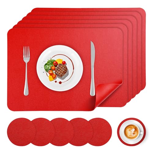 APLKER Faux Leather Placemats and Coasters Set of 6, Wipeable Waterproof Oil-Proof Heat Resistant Table Mats for Dining, Kitchen, Hotel, 16.9 x11.8 inches（Large Place Mats）- Bright Red