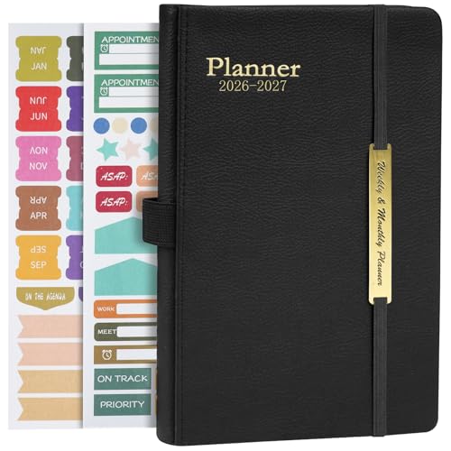 AUAUY Tagesplaner Kalender 2026 2027 Buchkalender Hardcover mit PU-Leder, 18-Monate-Terminplaner (Jan.2026-Jun.2027), A5-Schuljahresplaner mit Stickern, Lehrer-Planer Schulplaner Schülerkalender