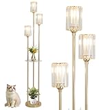 Rayofly Gold Stehlampe Wohnzimmer, Modern Stehlampe mit Regal, 3-flammige Vintage Stehleuchte mit Glas Lampenschirm & Fußschalter, Kristall Stehlampen für Schlafzimmer Büro, Glas Stehlampen Wohnzimmer