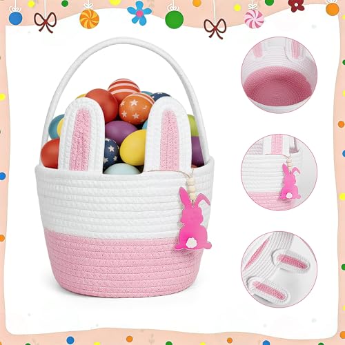 Image of Easter Basket, Bunny Easter Baskets for Kids, Pink & White Baskets with Handle for Gifts Empty, Bunny Egg Hunting, Basket Stuffers Essentials