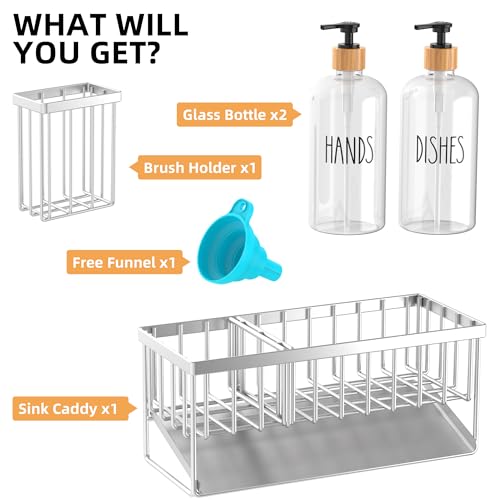Image of Cisily Kitchen Dish Soap Dispenser Set Stainless Steel Sponge Holder and 2 Pack 16.9oz Clear Glass, Dish Soap Dispensers, Vintage Hand and Dish Soap Dispensers Set, Dispensador De Jabon De Cocina