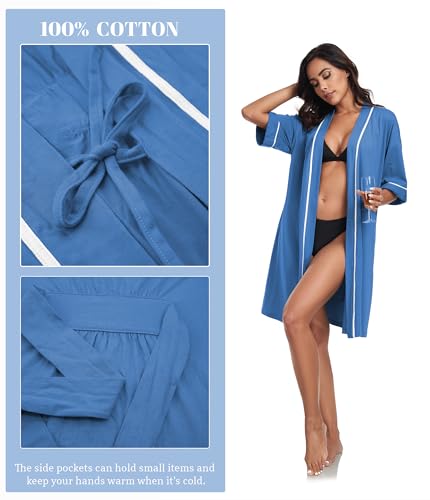 Image of ANLIQI Womens 100% Cotton Robes Lightweight Summer Short Sleeve Lady Bathrobe Knee Length Kimono Robe Sleepwear with Pockets