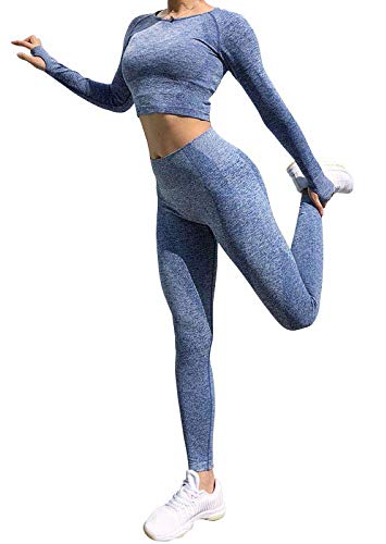 QCHENG Women's Workout Sets 2 Piece Seamless Leggings Crop Top Set Gym Clothes Yoga Outfits for Women Blue