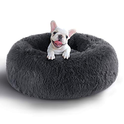 COHOME Soft Orthopedic Donut Cuddler Round Dog Bed Premium Faux Plush Fur 3D PP Cotton Self Warming Anti-Anxiety Dog Cushion for Dog & Cat,Non-Slip Bottom,Washable - Dark Gray 23X23