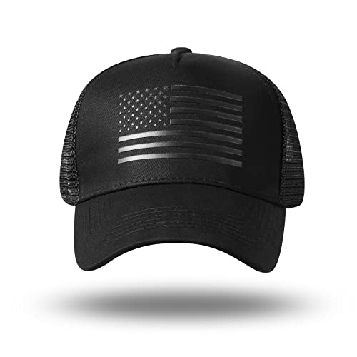 American Flag Trucker Hat - Snapback Hat, Baseball Cap For Men Women - Breathable Mesh Side, Adjustable Fit - For Casual Wear Black/Black #TOP5