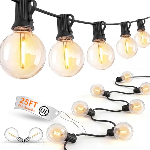 LED Outdoor String Lights, 25Ft G40 Globe Patio String Light Waterproof with 27 LED Warm White Bulbs, Hanging Outdoor Lights for Backyard Garden Porch Bistro Wedding Party Holiday Decor, Black Wire