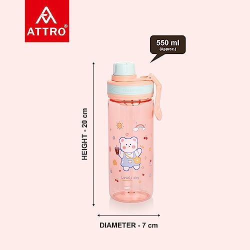 Image of Attro Champ 550ml Cute and Convenient Cartoon Printed Kids Plastic Water Bottle with Designer Hand Strap & Flip Lid BPA-Free-Perfect for School,Sports and Travel -Pink
