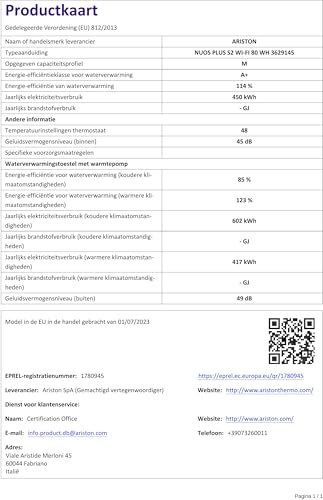 Ariston NUOS PLUS S2 WIFI 80L, Chauffe-Eau Thermodynamique Mural R290, 80% d'Économie d'Energie, Compatible Photovoltaïque, Silencieux 45 dB(A), COP 2.77, Conçu pour être installé en France