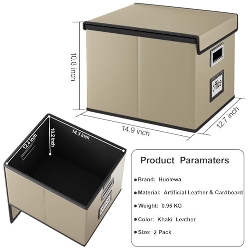 Huolewa File Organizer Boxes with Lids, Collapsible Faux Leather Hanging File Folder Box Organizer with Plastic Slide, Decorative Home/Office Filing System Boxes for File and Folders Storage