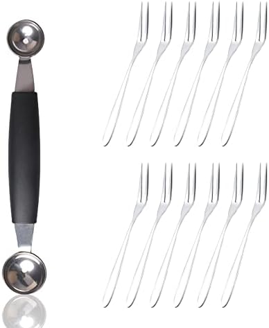 Fruit Baller Scoop Set, 1PC Double-sided Fruit Scoop and 12Pcs Fruit Fork, Stainless Steel Melon Baller and Fork, Smooth Round Melon Scoop Fruit Spoon for Fruits, Ice Cream