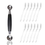 Fruit Baller Scoop Set, 1PC Double-sided Fruit Scoop and 12Pcs Fruit Fork, Stainless Steel Melon Bal