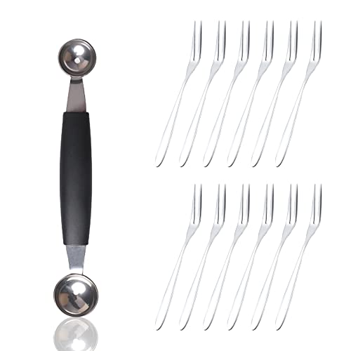 Fruit Baller Scoop Set, 1Pc Double-Sided Fruit Scoop And 12Pcs Fruit Fork, Stainless Steel Melon Baller And Fork, Smooth Round Melon Scoop Fruit Spoon For Fruits, Ice Cream #TOP2