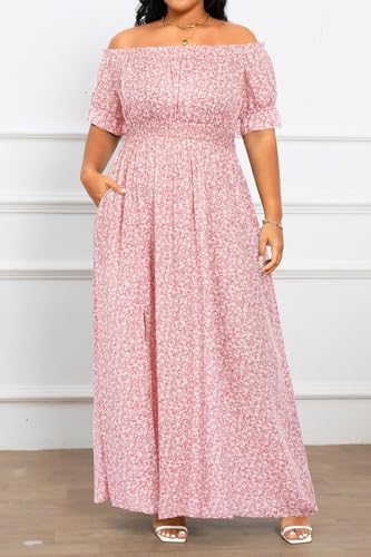 Image of Holipick Women's Off The Shoulder Boho Dress Plus Size Floral Smocked Waist Split Summer Maxi Sundress with Pockets