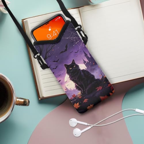 Image of Women Cross Body Phone Purse Neoprene Mobile Phone Bag with Adjustable Strap Lightweight Mini Smartphone Purse Travel Essentials for Phone, Keys, Black Cat Maple Leaf Bat Print Violet