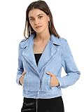 Allegra K Women Biker Notched Lapel Asymmetric Zip Moto Denim Jackets X-Large Light Blue