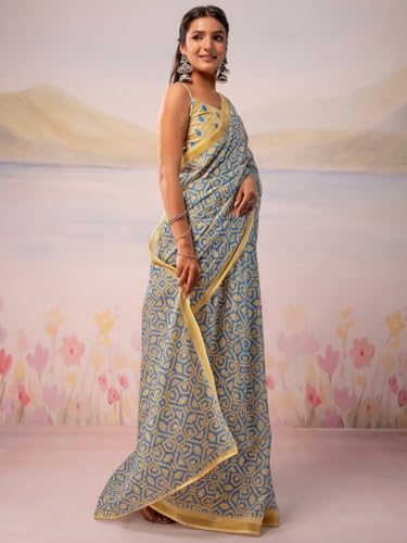 Image of Satrani Women's Silk Printed Ready To Wear Saree with Unstitched Blouse Piece