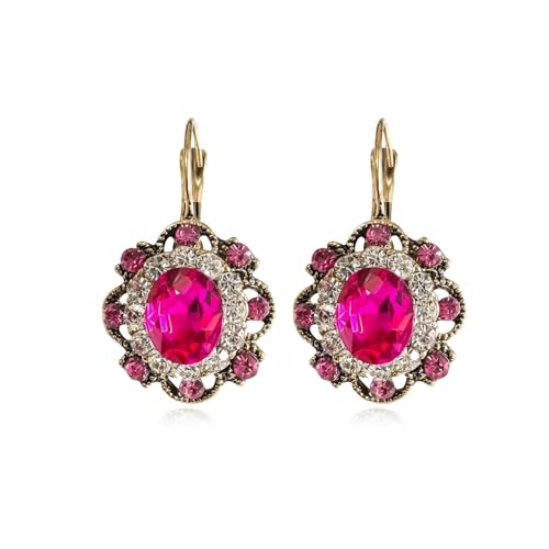 Bohemian Vintage Gold Rhinestone Flower Dangle Earrings, Antique Style Round