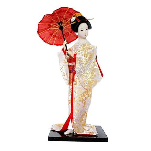 Fenteer 12inch Japanese Geisha Lady Statuette Handicraft Oriental Doll Traditional Ethnic Japanese Geisha Dolls Kimono Dolls for Home, White and Gold