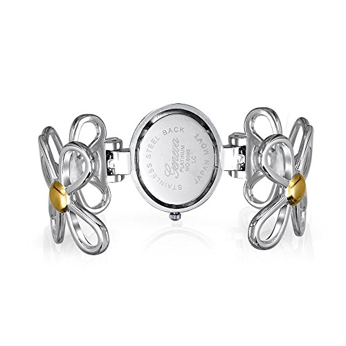 Bling Jewelry Two Tone Open Daisy Flower Band White Oval Dial Cuff Wrist Watch For Women Gold Plated Silver Tone Metal Analog Quartz #TOP1