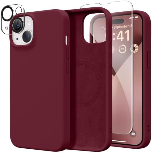 GONEZ Magnetic for iPhone 13 Case Silicone, Compatible with Magsafe, [2X Screen Protector + 2X Camera Lens Protector], Soft Slim Shockproof Protective Microfiber Lining Phone Case 6.1", Maroon