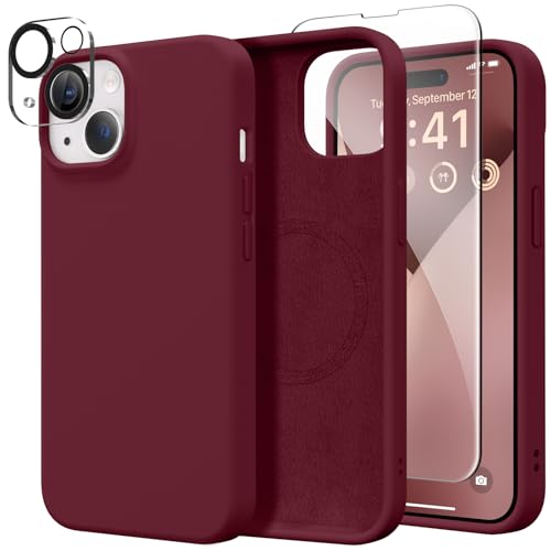GONEZ Magnetic for iPhone 13 Case Silicone, Compatible with Magsafe, [2X Screen Protector + 2X Camera Lens Protector], Soft Slim Shockproof Protective Microfiber Lining Phone Case 6.1", Maroon by GONEZ - Used condition - US$10.18