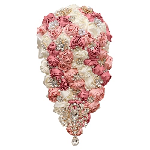 TUAGYMKR Handmade Satin Rose Water Drop Bridal Bouquet,8.7inch Crystal Wedding Round Tossing Bouquet,Jewelry Proposal Bridesmaid Bouquet Groom Corsage Bride Wrist Flower Ivory (07#Ivory Deep Pink)