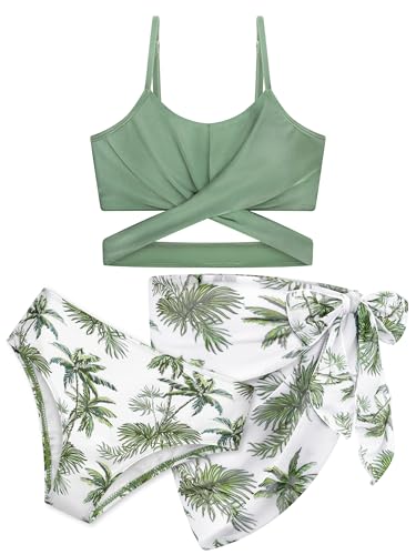 3 Pieces Girls Swimsuits Bikini Set Tropical Print Bikini Set Criss Cross Bathing Suit with Cover Up Skirt for Kids