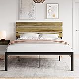 MERRLAND Bed Frame Queen Size with Rustic Wood Headboard, Heavy Duty Platform with 17 Sturdy Metal Slats, No Box Spring Needed, Easy Assemble, Light Brown