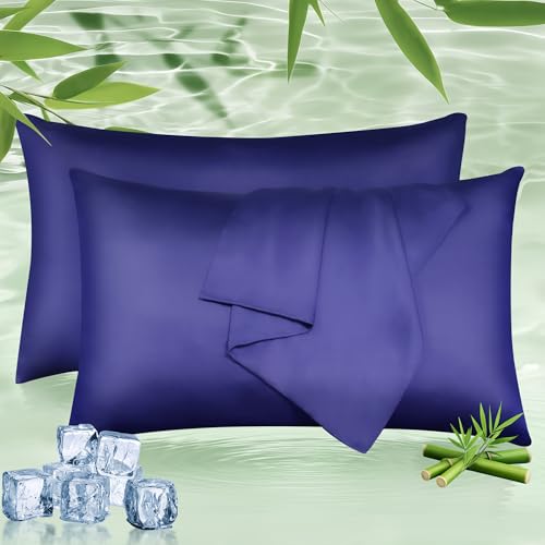 LINENOVA 100% Bamboo Pillowcase Standard Size Set of 2 - Breathable Cooling for Hot Sleepers and Night Sweats- Silky Soft Pillowcases with Envelope Closure - (Navy 48x74cm)