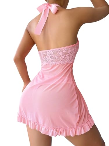 Image of Foxiny Sexy Halter Open Front Ruffle Sheer Mesh Lace Babydoll Lingerie Dress with Thong 2 Piece