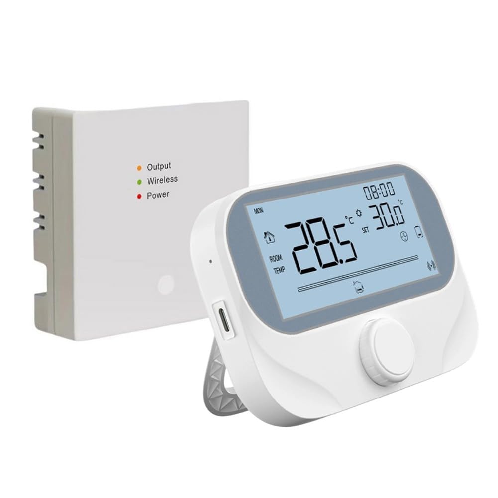 Bezprzewodowy programowalny termostat bojlera RF do aplikacji Tuya Smart, 118 x 86 x 24 mm, biały termostat z pokrętłem obrotowym, wyświetlaczem pogody i wilgotności, funkcja zapobiegania zamarzaniu
