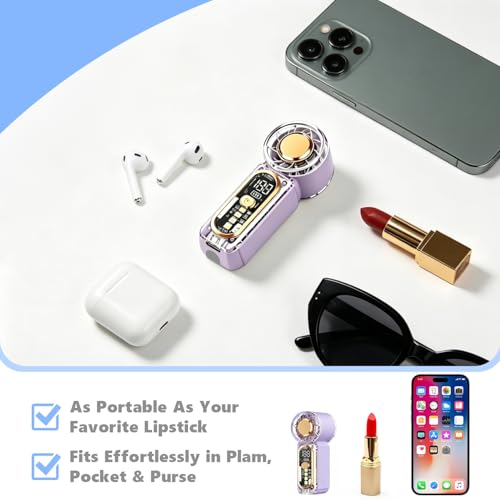 Image of Portable Handheld Mini Fan, Hand Held fans with 1-100 Speeds & Digital Display, 22000RPM Turbo Pocket Fan, USB-C Rechargeable Personal Small Fan with Emergency LED Light for Travel, Makeup, Purple