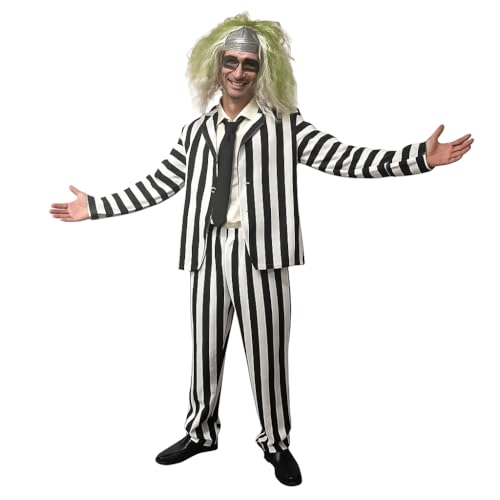 SoWest Mens Black & White Striped Suit Costume Adult Horror Fancy Dress Outfit with Jacket & Trousers | Halloween Comedy Ghost Character Cosplay for Adults (Wig Not Included) - 3XL