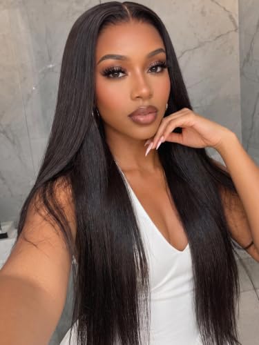 Image of KLAIYI Silky Straight Pre Everything Glueless Precut 13x4 Lace Front Wigs Human Hair Drawstring Pre Plucked Bleached Bye Bye Knots 30S Ready to Wear and Go Wigs for Black Women Natural Hairline 26Inch
