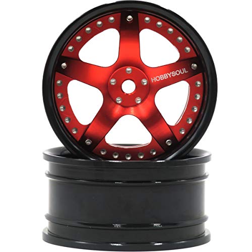 hobbysoul 2pcs RC 1/10 Aluminum Alloy Wheel Rims Hex 12mm Adjustable Offset Red & Black Color Fit 1:10 RC On Road Drift Touring Car Tires
