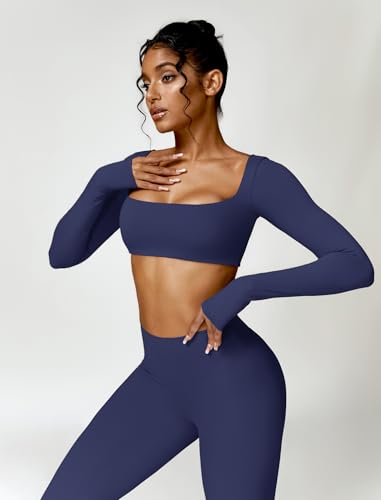 Image of ABOCIW Women Square Neck Long Sleeve Workout Crop Top Low Medium Impact Athletic Yoga Gym Shirts with Built in Bra(ONLY TOP)