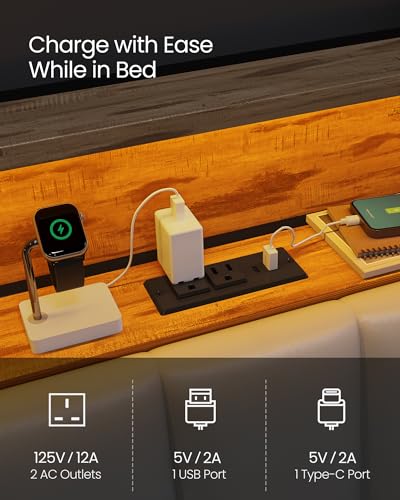 VASAGLE LED Bed Frame Full Size, Storage Headboard and Charging Station, Full Bed Frame with 2 AC Outlets, 1 USB Port, 1 Type-C Port, No Box Spring Needed, Dove Gray and Camel Brown URMB842G01