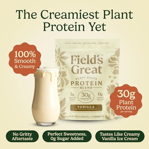 Image of Field's Great All-in-One Plant-Based Vanilla Protein Shake Powder - Healthy Aging, 30g Protein, 5g Fiber + Probiotics, Gut-Friendly, Blood Sugar & Muscle Support, Vegan Meal Replacement, GLP1, 23oz