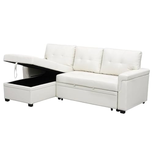 Reversible Sectional Sleeper Sofa With Pull Out Bed, Sleeper Sectional Sofa Bed Couch With Storage Chaise, Pull Out Couch Bed Sleeper Sofa Cama, L-Shape Full Size Pull Out Sofa - White / Air Leather #TOP29