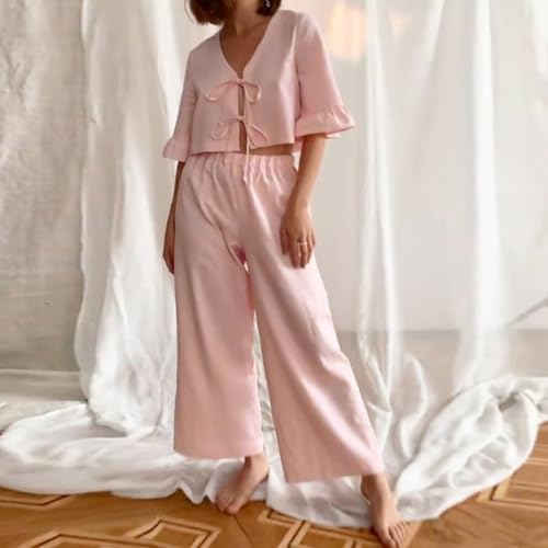 Image of Argeousgor Women Plaid 2 Piece Pajama Set Button Down Puff Sleeve Babydoll Shirt Gingham Pants Pj Lounge Set Sleepwear
