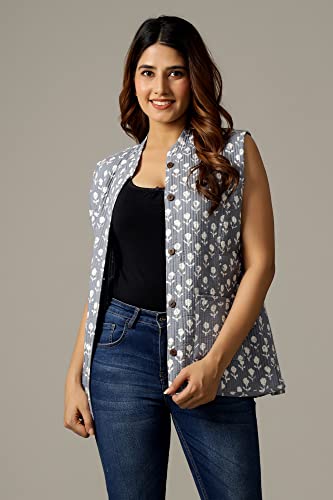 Image of Ravaiyaa - Attitude is everything Women's Floral Printed Reversible Quilted Jacket Coat Blazer Jacket Sleeve Less Waistcoat