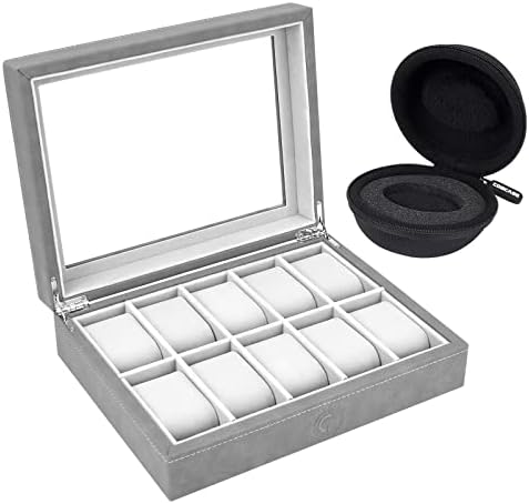 10 Slot Watch Box w/ Watch Travel Case  Watch Display Case w/ Glass lid and Grey Velvet Interior  Watch Case