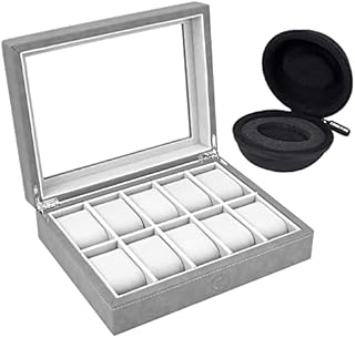 10 Slot Watch Box w/ Watch Travel Case  Watch Display Case w/ Glass lid and Grey Velvet Interior  Watch Case