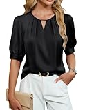 Blooming Jelly Women's Dressy Business Casual Blouses Silk Puff Sleeve Tops Summer Outfits V Neck Pleated Work Shirts 2025(Black,Medium)