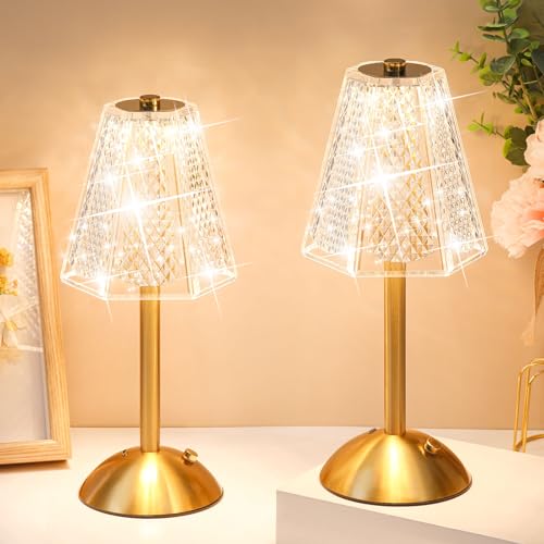 Image of Liliful 2 Pcs Cordless Table Lamp Rechargeable Touch LED Small Gold Portable Battery Operated USB-c Desk Lamp 3 Color Dimmable for Bedroom Living Room Dining (Gold,Hexagonal Diamond Style)