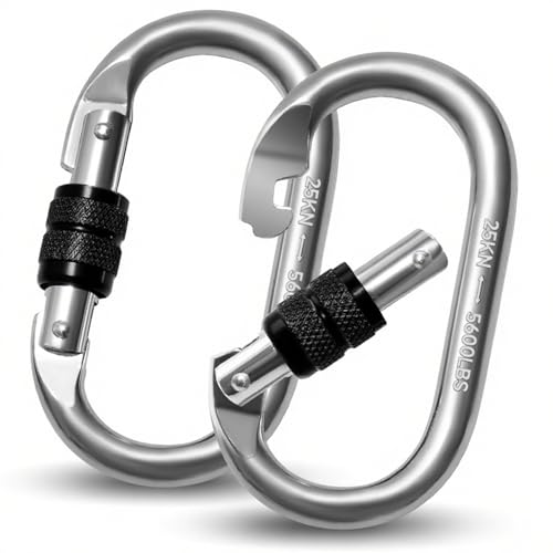Vipuikos 2 Stück Karabinerhaken 25KN, O-förmige Karabinerhaken Groß, Schwerlast Sicherheitskarabiner Edelstahl, 2500 Kg Belastbarkeit Karabiner für Yoga, Hängematte, Camping, Schaukel(Silber+Schwarz)